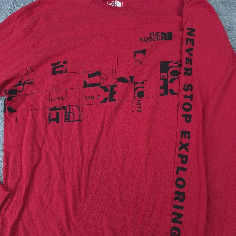 The North Face Shirt Mens Medium Red Long Sleeve Never Stop Exploring Logo Tee